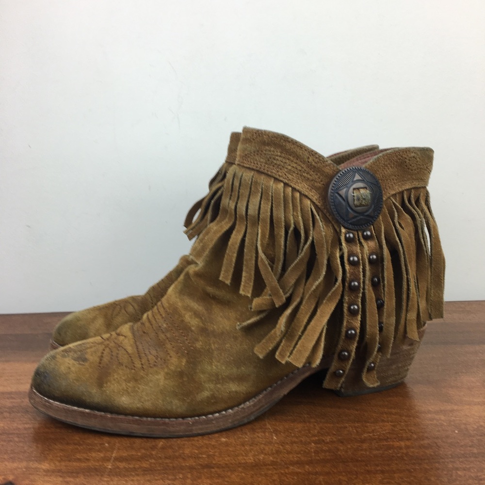 Sam Edelman Western Ankle Booties Women's Tan Leather Fringe Size 8M Side Zip.